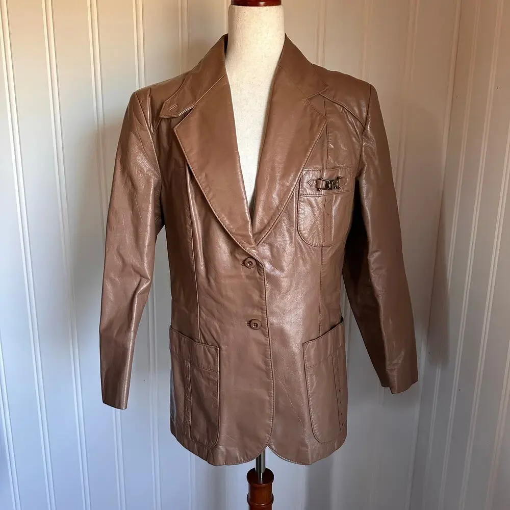 Vintage 90s Etienne Aigner Tan Leather Jacket M - Picture 2 of 5